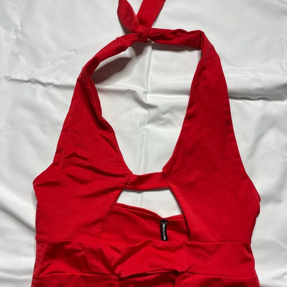 PrettyLittleThing Shape Red Cut Out Front Halterneck Swimsuit - Image 5
