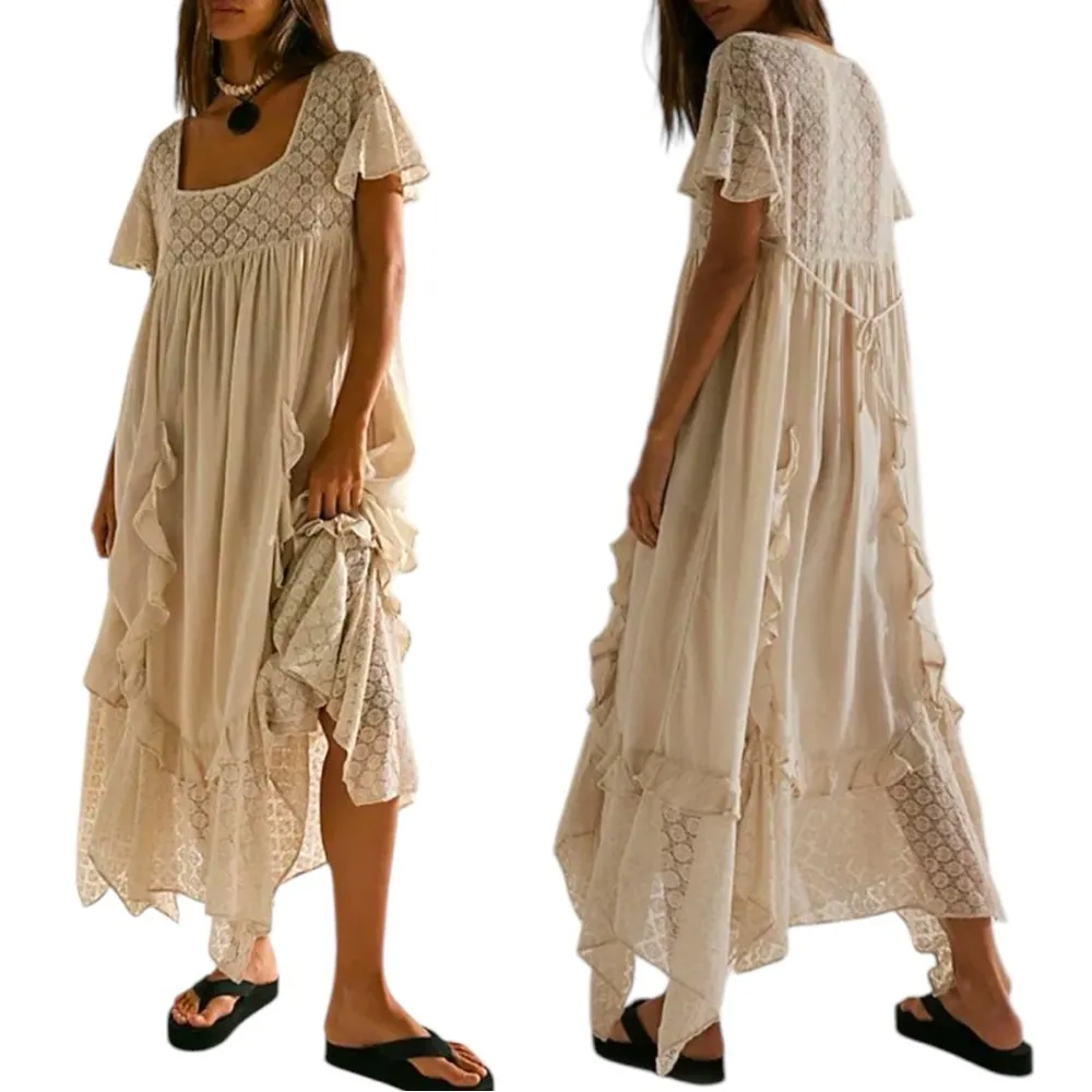 FREE PEOPLE Bring The Romance Midi Maxi Cotton Dress Neutral Sz XS oversized - Image 3
