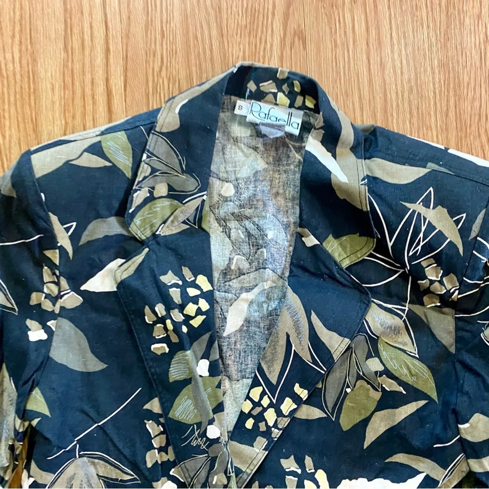 Rafaella Vintage Oversized Black Green Floral Ramie Blazer Womens 8 - Image 4