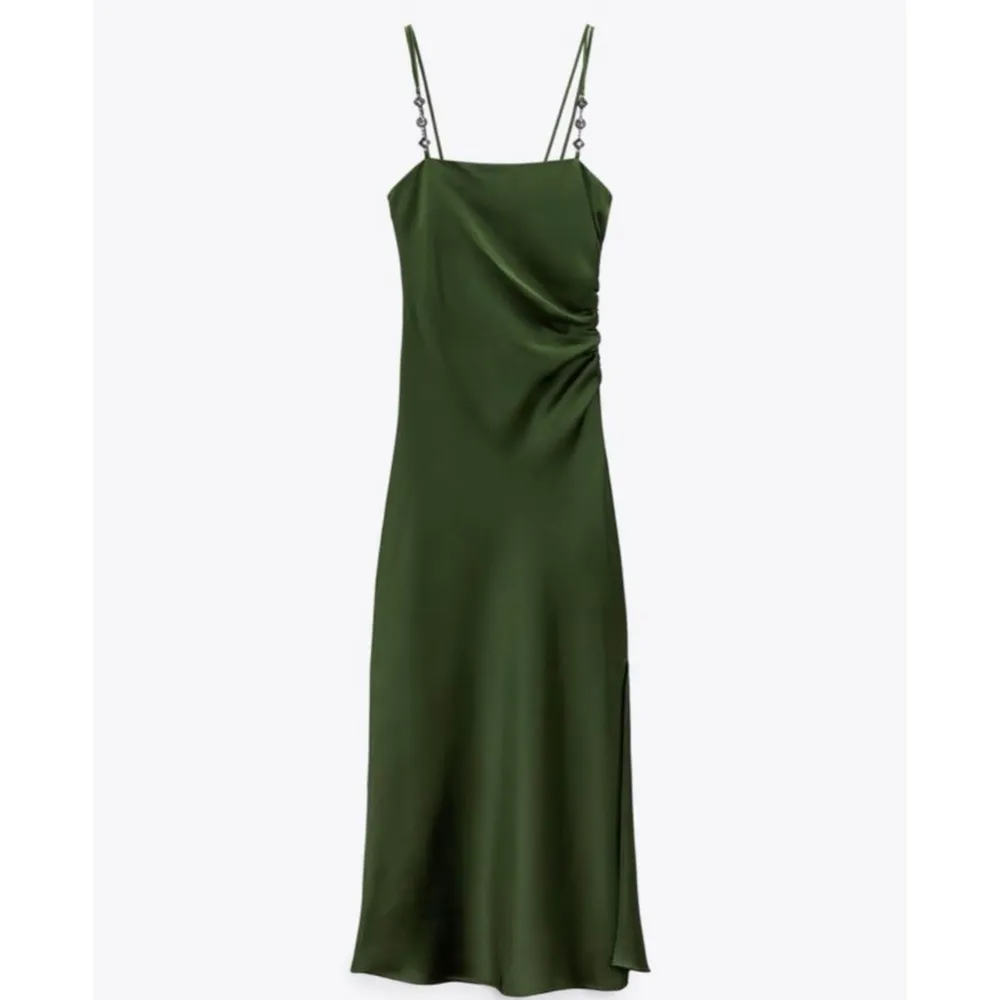 Zara green satin effect midi dress jewel straps - Image 2