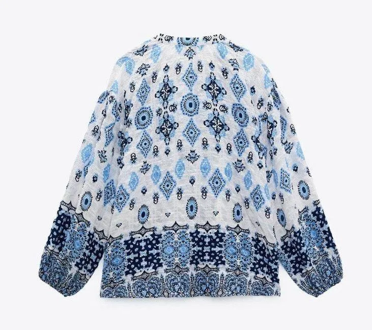 ZARA Womens Blue Printed Oversized Boho Blouse Buttons Flowy Size S - Image 11