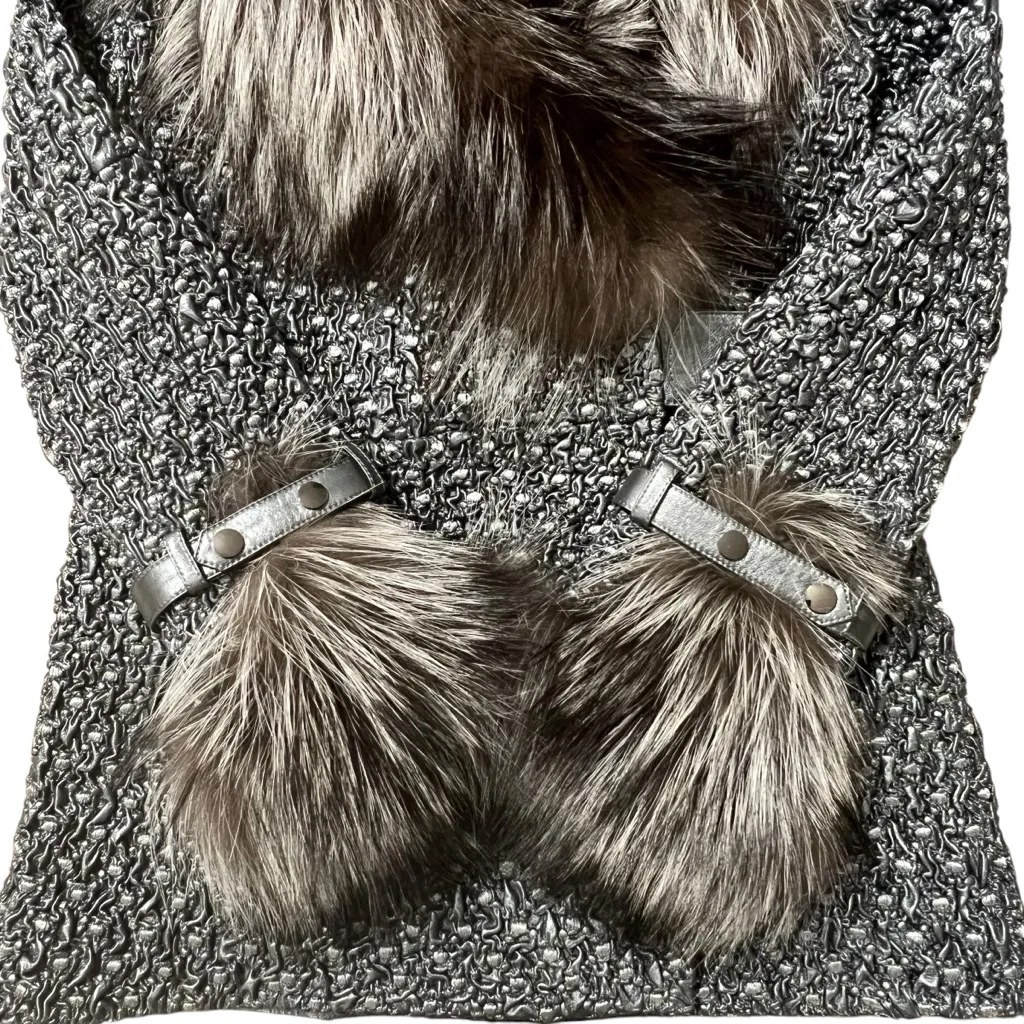 Womens Bubble Lambskin Leather Jacket Genuine Silver Fox Trim Size M Stretch Size M - Image 6