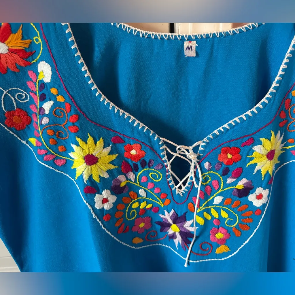 Nwt Mexican Handmade Embroidered Blouse – Blue Cotton/Linen, Size M - Image 4
