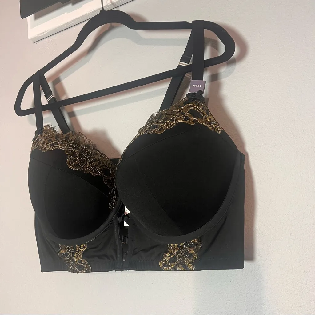 Cacique Longline Boost Balconette Bra Black Gold Metallic Trim Size 42DDD NWT - Image 6