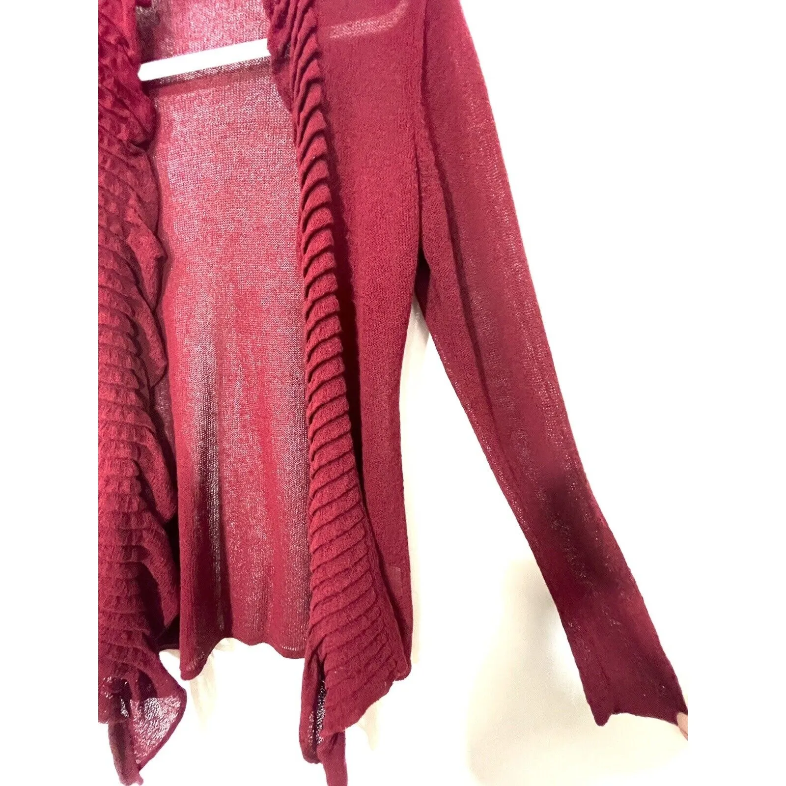Eileen Fisher Loose Knit Open Ruffle Front Cardigan Wine Red Linen Blend Medium - Image 6