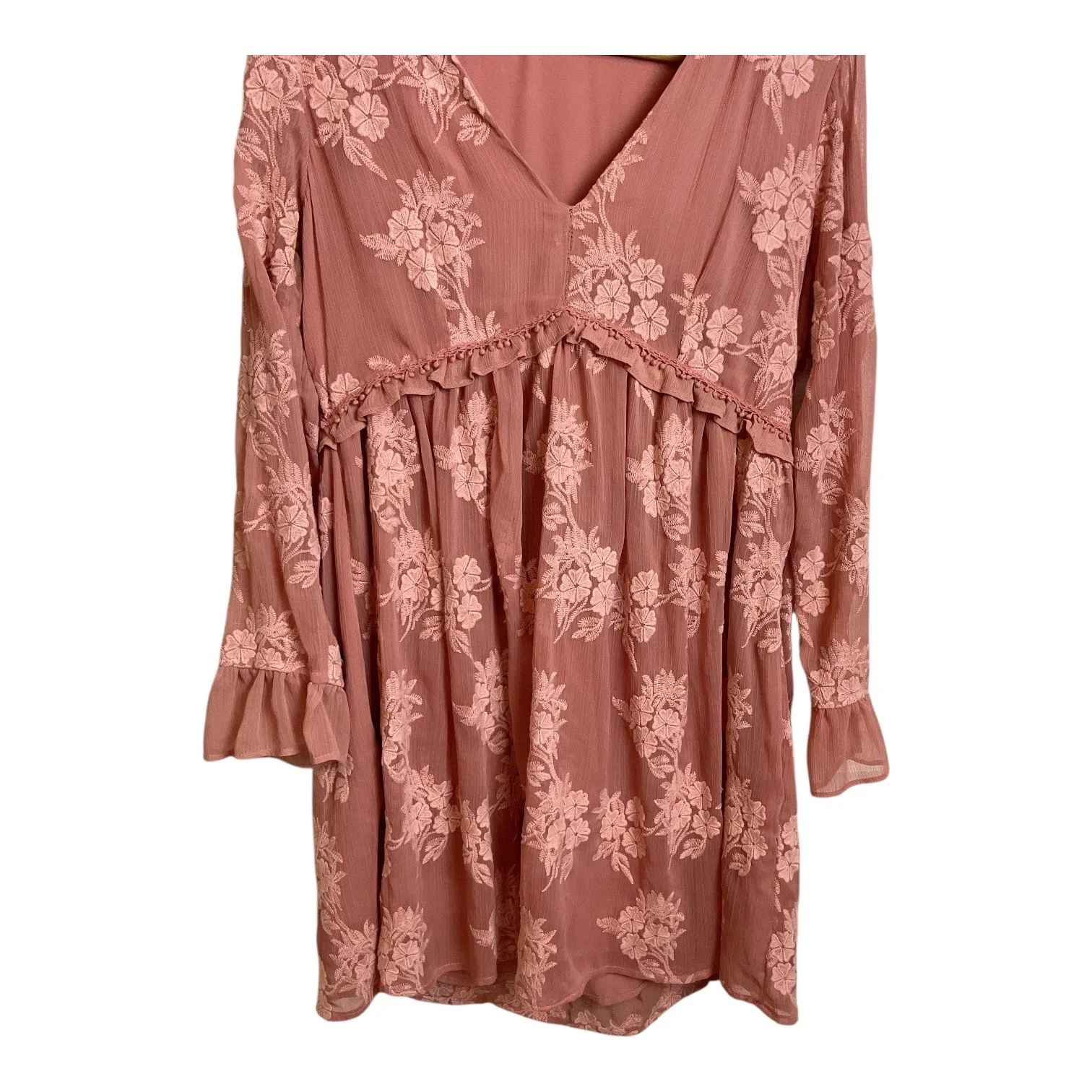 Altard State Dusty  Rose Floral Embroidered Ruffle V Neck Mini Dress Long Sleeve - Image 4
