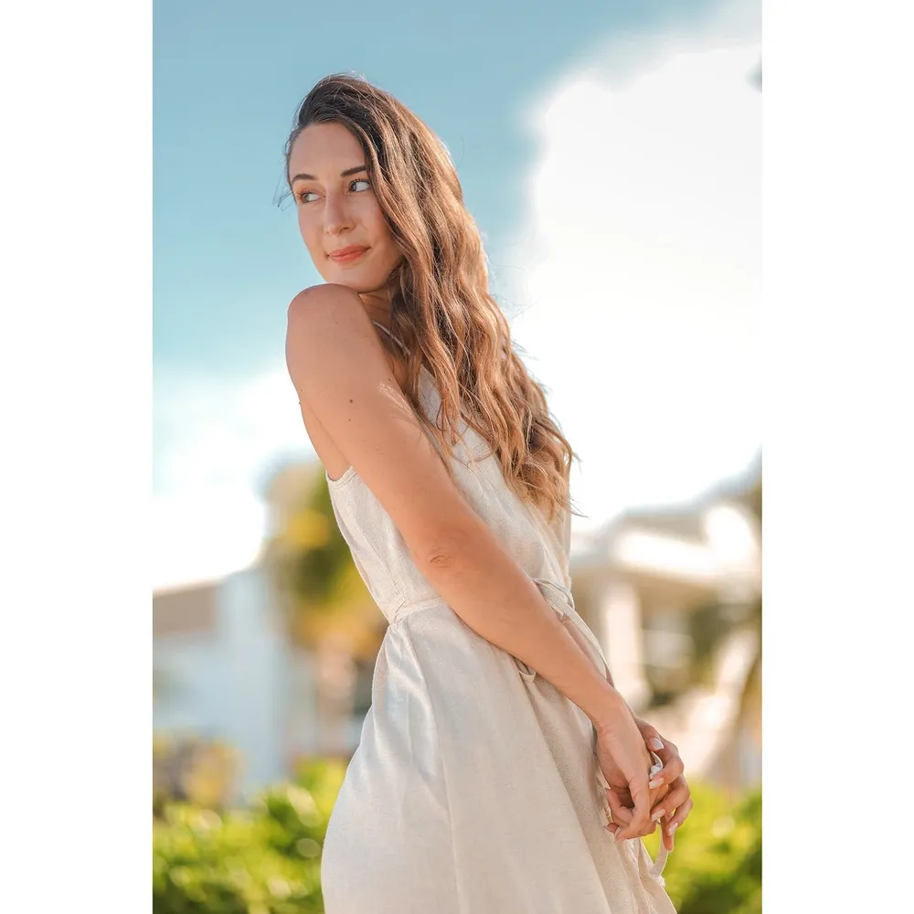 Resort Midi Wrap Dress by T. ZOVICH Linen Sleeveless Beige Raw Hem Ecofriendly - Image 7