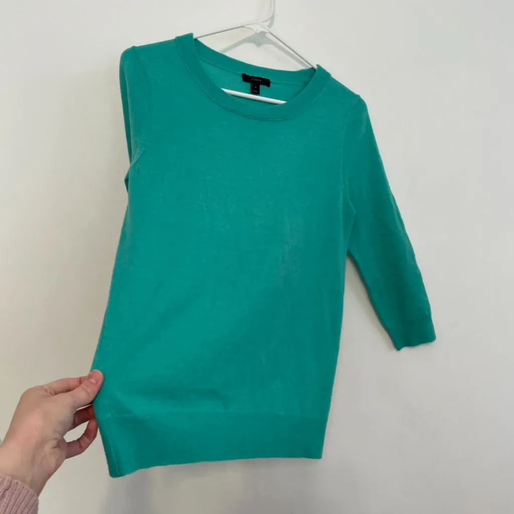 J. CREW Merino Wool Tippi Sweater Green ish 3/4 Sleeve Preppy Crew Neck Pullover - Image 11