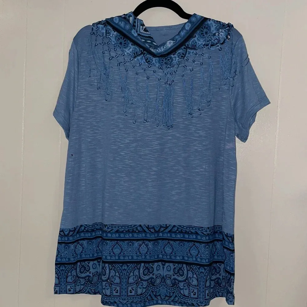 One World Blue Top with Boho Print & Matching Scarf With Fringe Sz M - Image 4