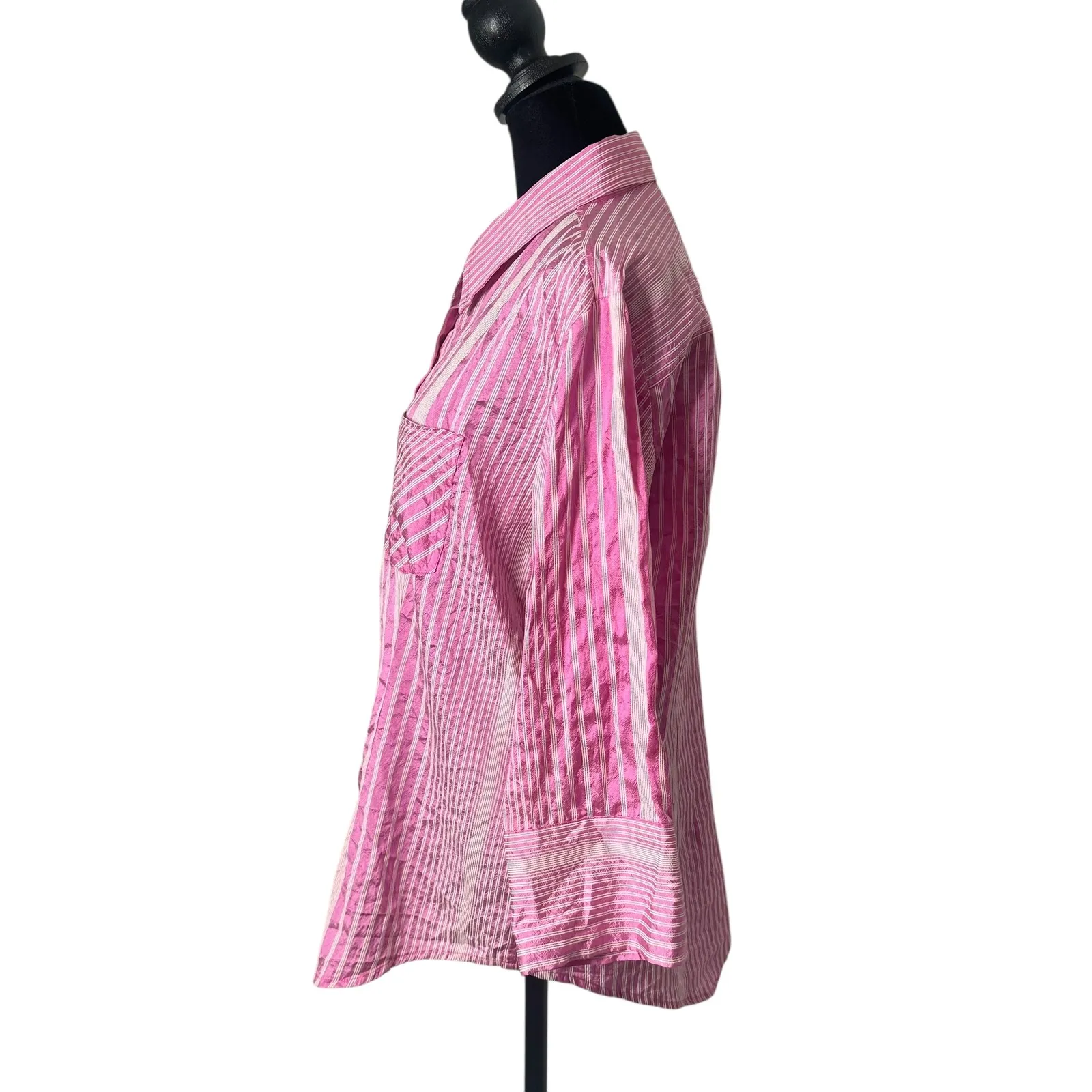 Chicos 1 Pink White Striped Button Down Top Size M Silk Blend Preppy Collared - Image 5