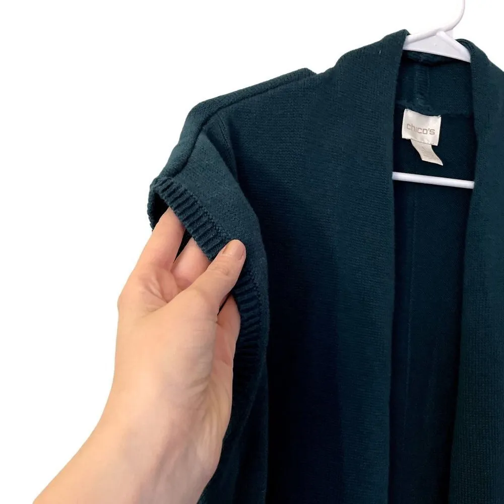 Chico's green long sleeveless cardigan knit warm pockets comfortable layer - Image 2