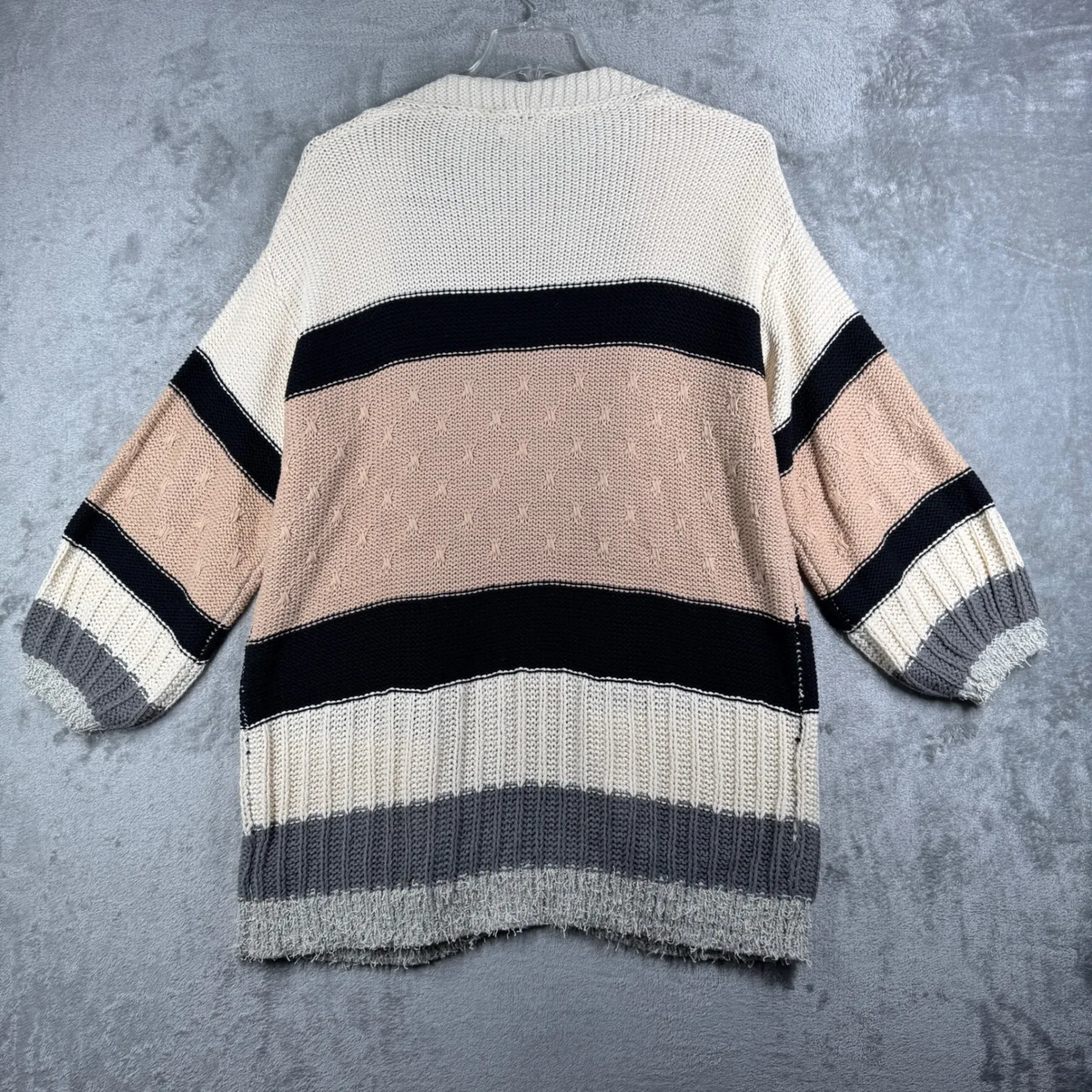 Umgee Cardigan‎ Sweater Women Striped Knit Open Front Cream Gray Neutral Medium - Image 3