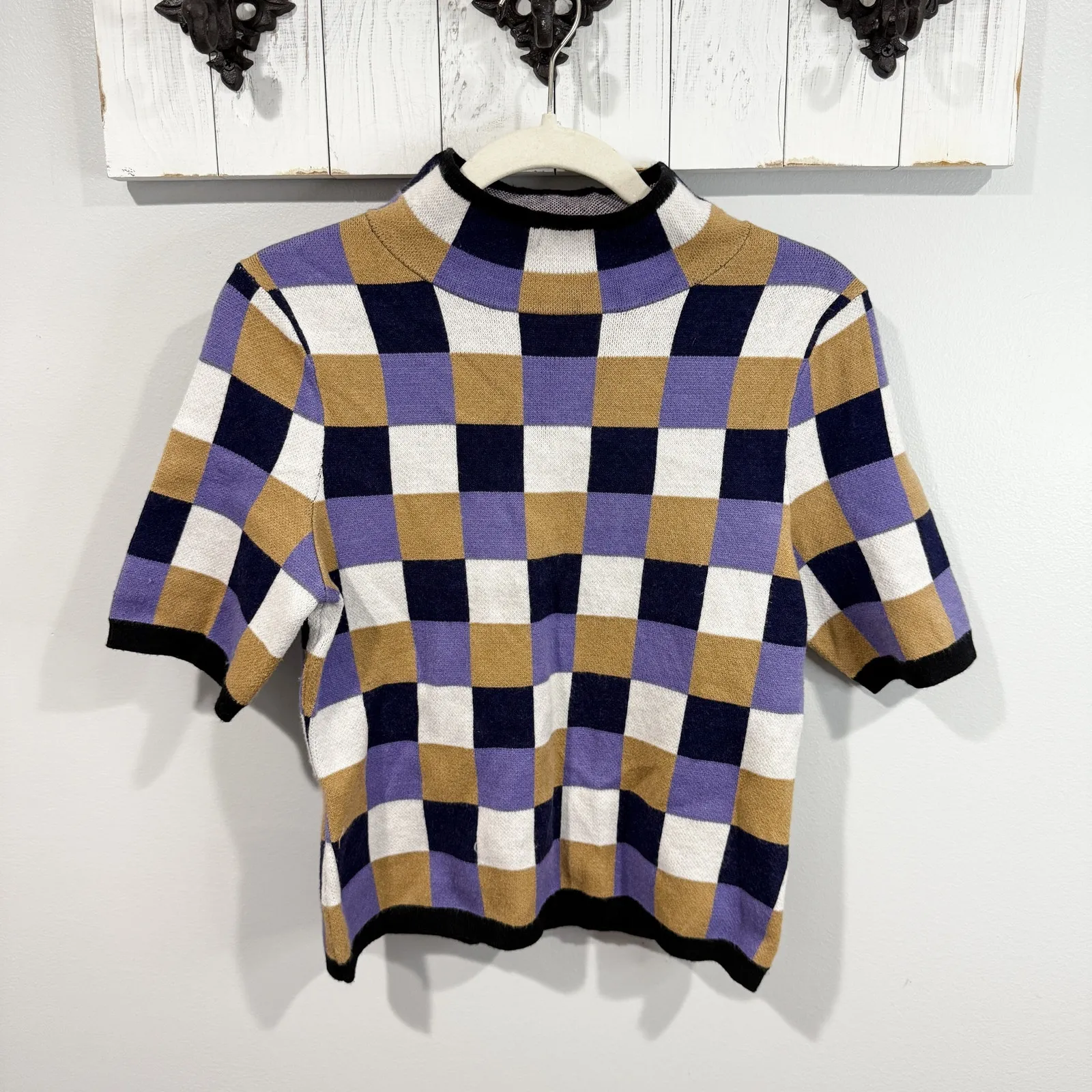 Maeve Anthropologie Mock Neck Sweater Top Square Print Purple Tan S Size M - Image 2