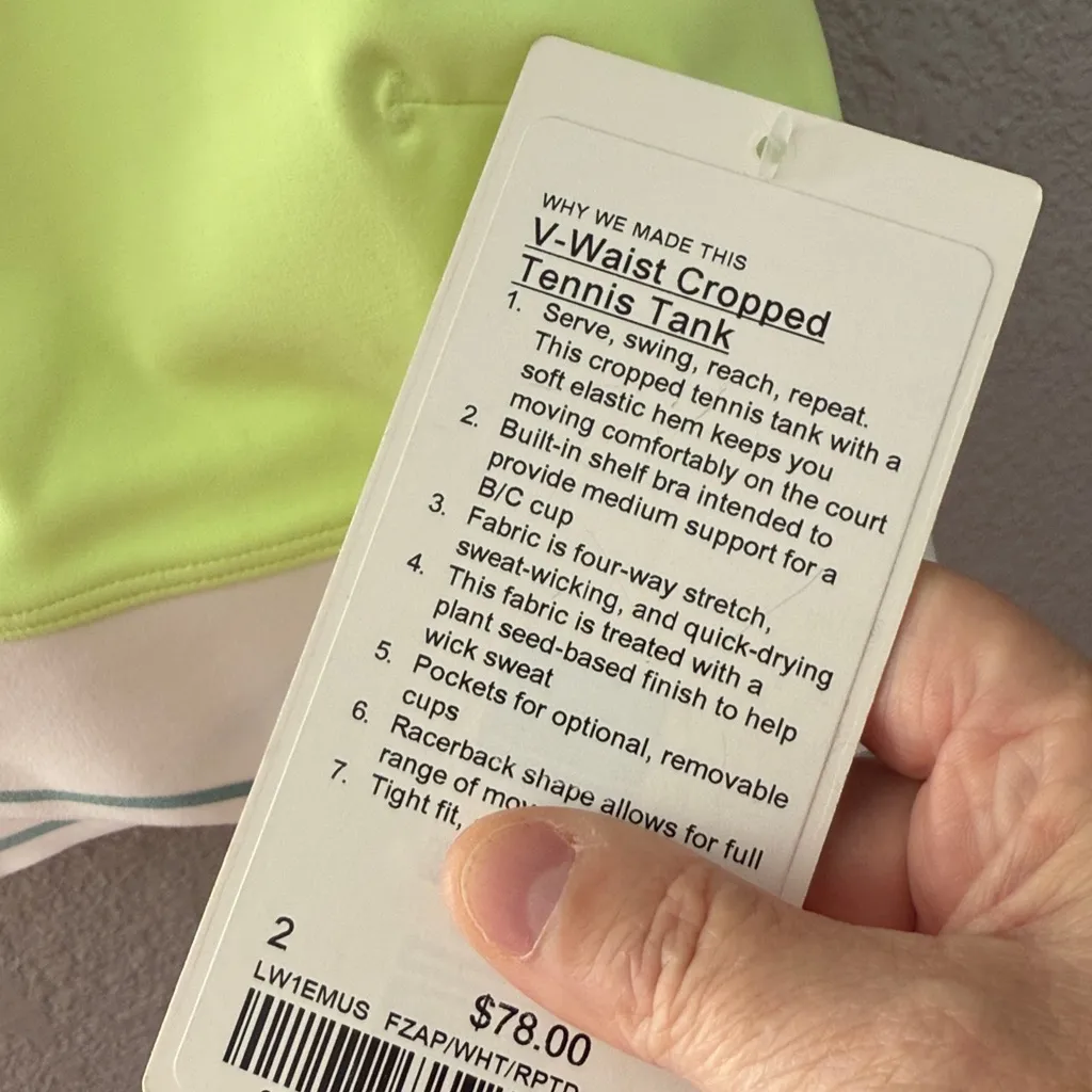 Lululemon V-Waist Tennis Crop Tank size 2 in faded zap, white and rip tide - Image 4