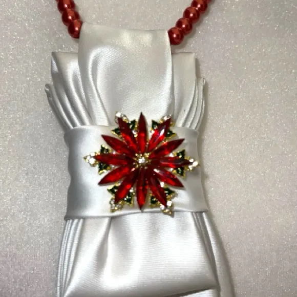 “Dainty Dapper” White Satin necktie Necklace with Red Beads & poinsettia brooch - Image 2