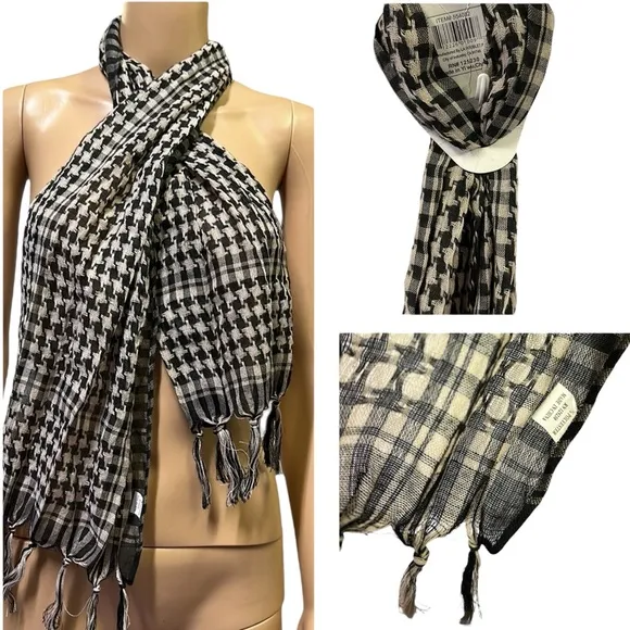 Houndstooth Cream and Black Lightweight Woven Scarf with Fringe 59” x 14” - Image 2