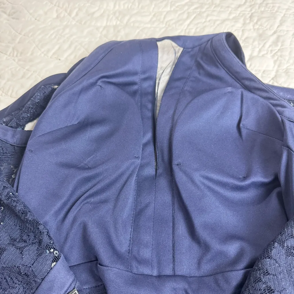 Nightway Navy Sequins Lace Gown Womens 10 Formal Maxi Gown Halter Style Slit Blue - Image 5