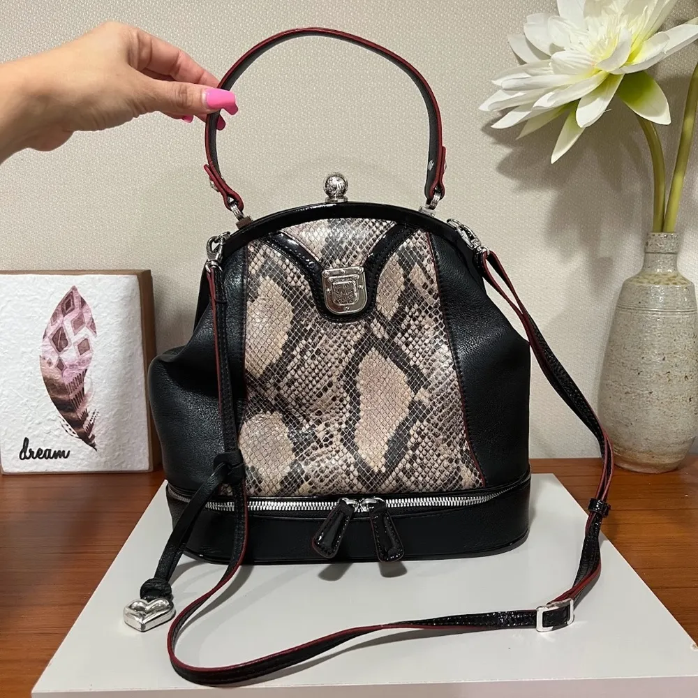 Brighton Women's Black Leather Python Frame Bag Purse Handbag Vintage RARE - Image 5