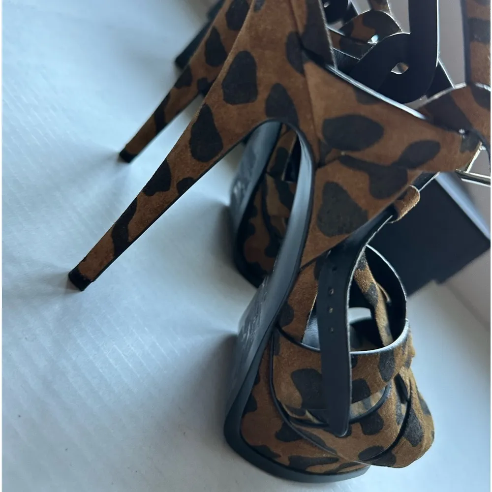 SAINT LAURENT Suade Leopard Print Tribute 105 Platform Sandals Size 8/38 NEW - Image 7