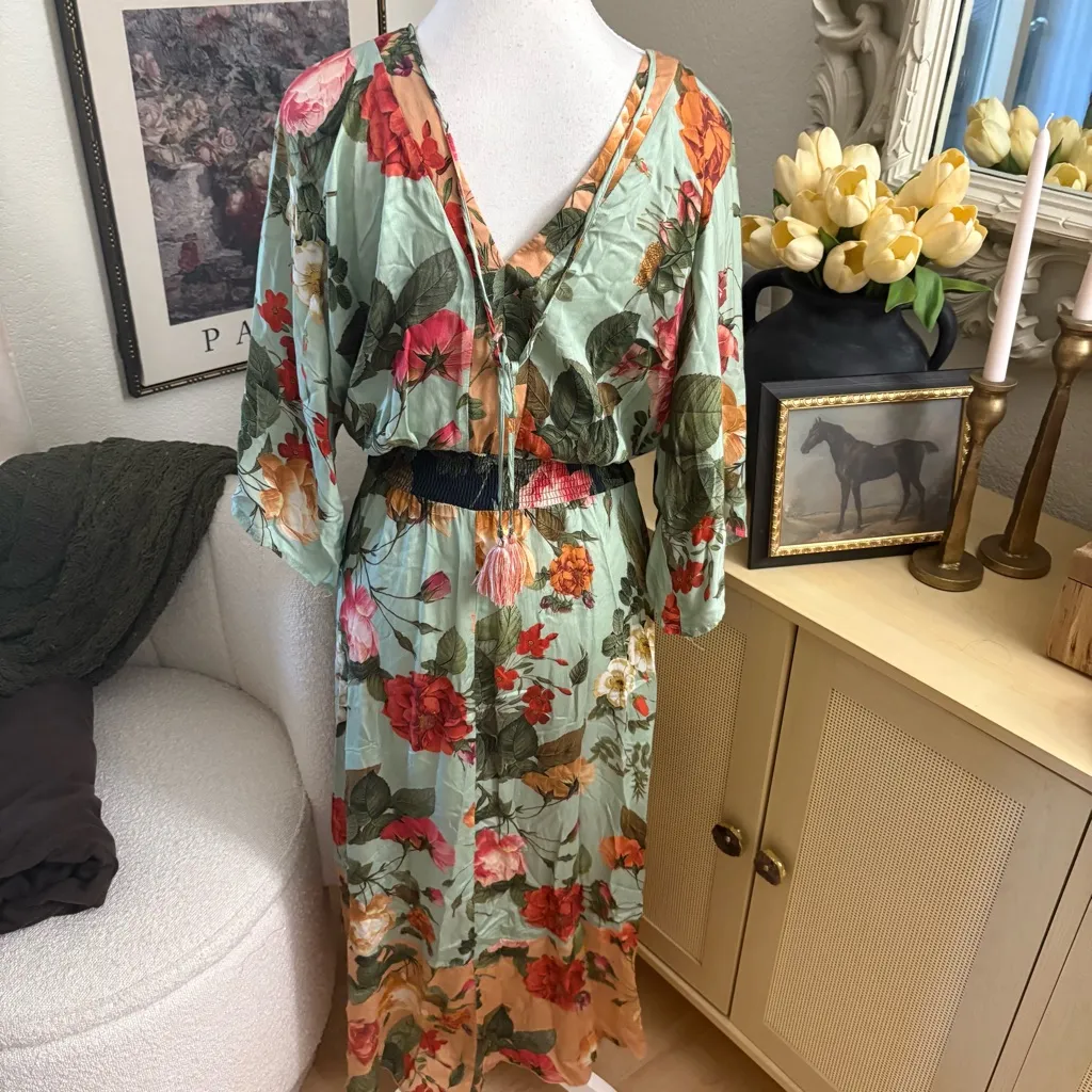 FARM RIO Marilla Maxi Dress Floral Kimono‎ Bohemian Size XS - Image 8