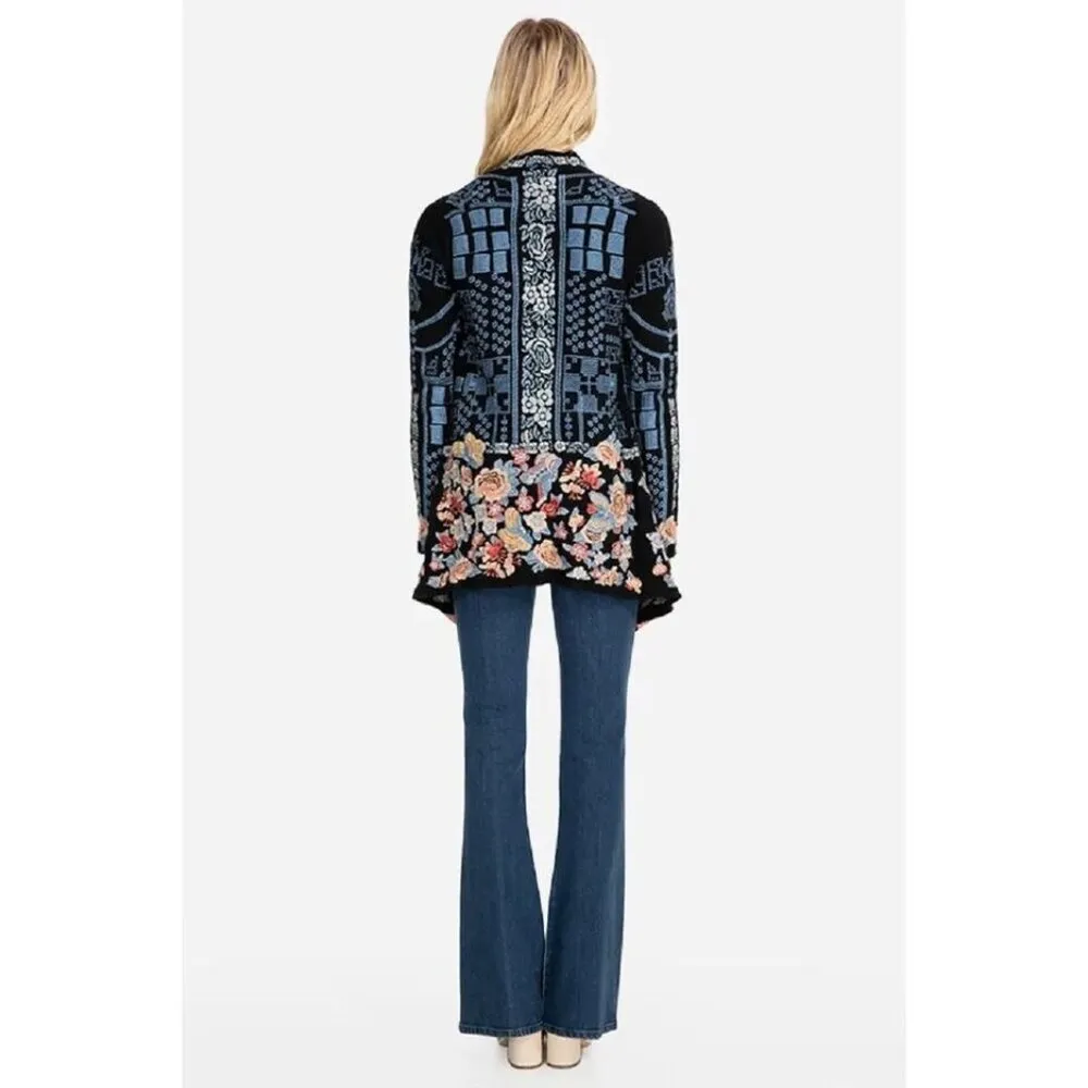 💕JOHNNY WAS💕 BIYA Klori Wrap Cardigan ~ Black Embroidered Floral Print M NWOT - Image 6
