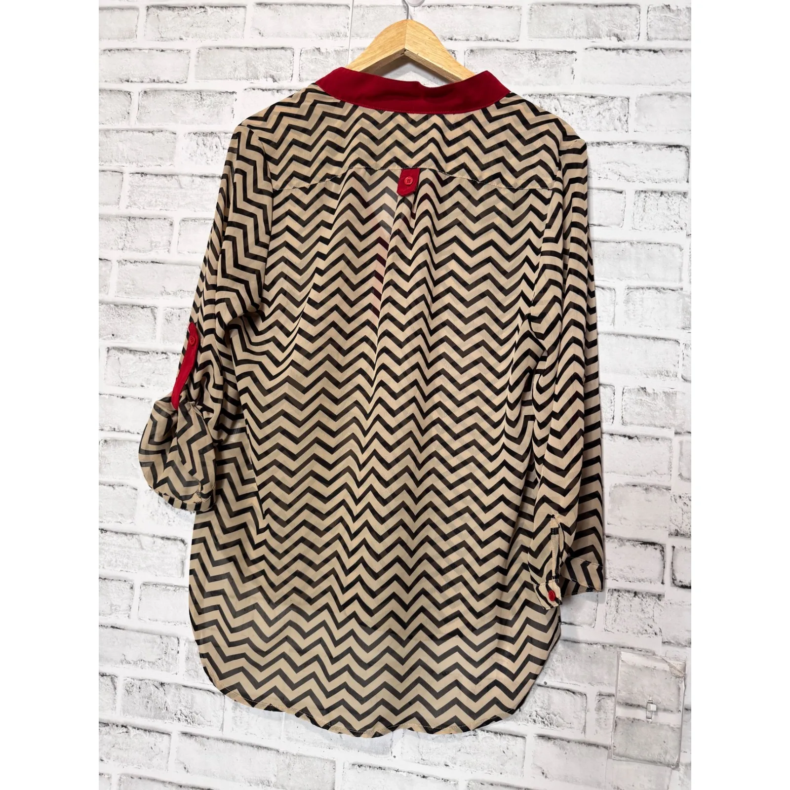 Womens Sheer Chevron Print Button Down Shirt Blouse Top Red Accents - Image 2
