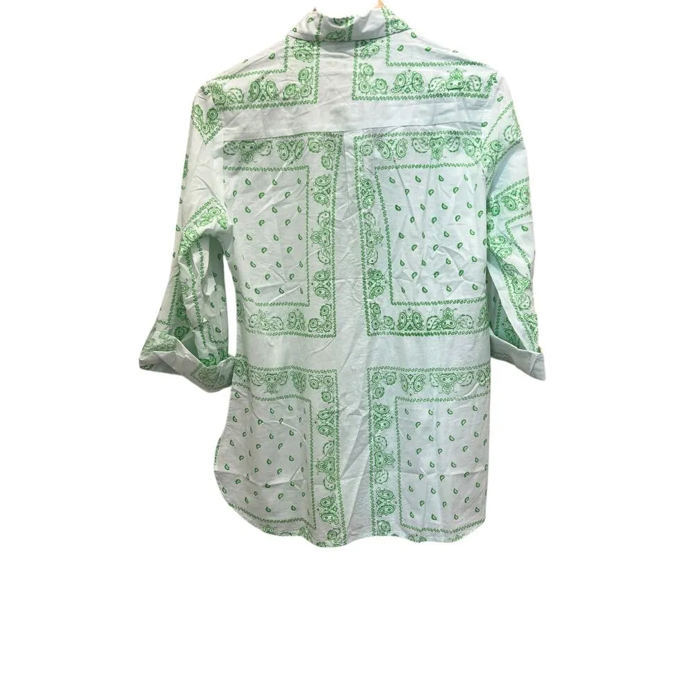 MAGAZINE Bandana Button Up Shirt Sz L Lime Green White 100% Cotton Boho NEW Size L - Image 3