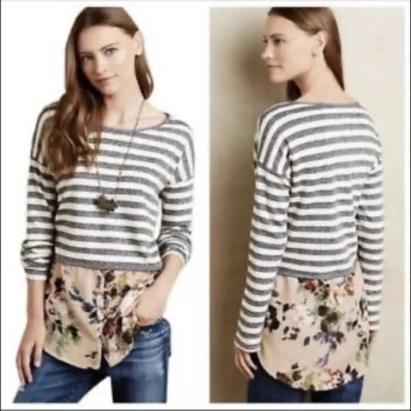 Anthropologie Postmark Striped Layered Floral Knit Chiffon Boho Top XS - Image 2