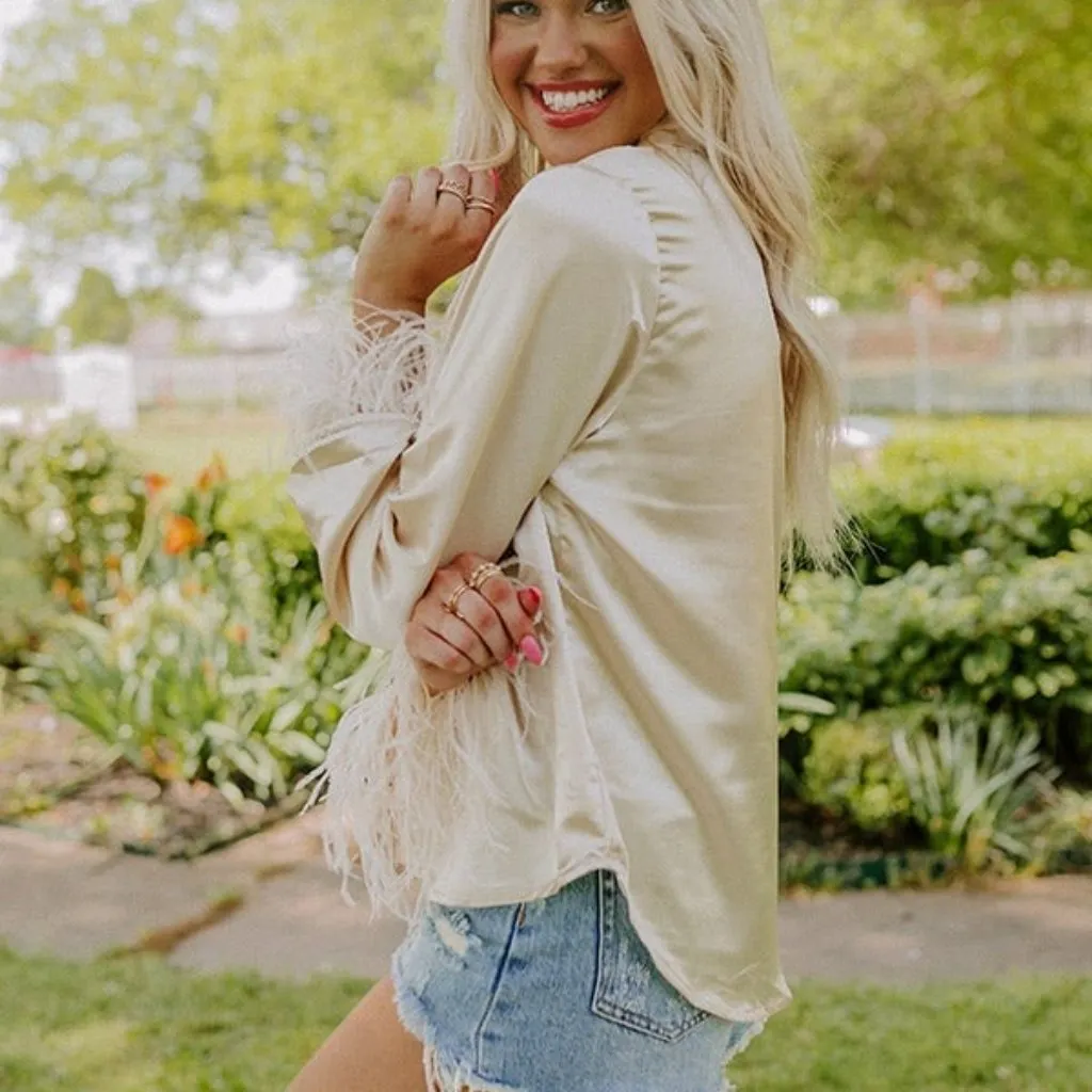 Ellison  Satin button down top with feather sleeves New With Tags - Image 5