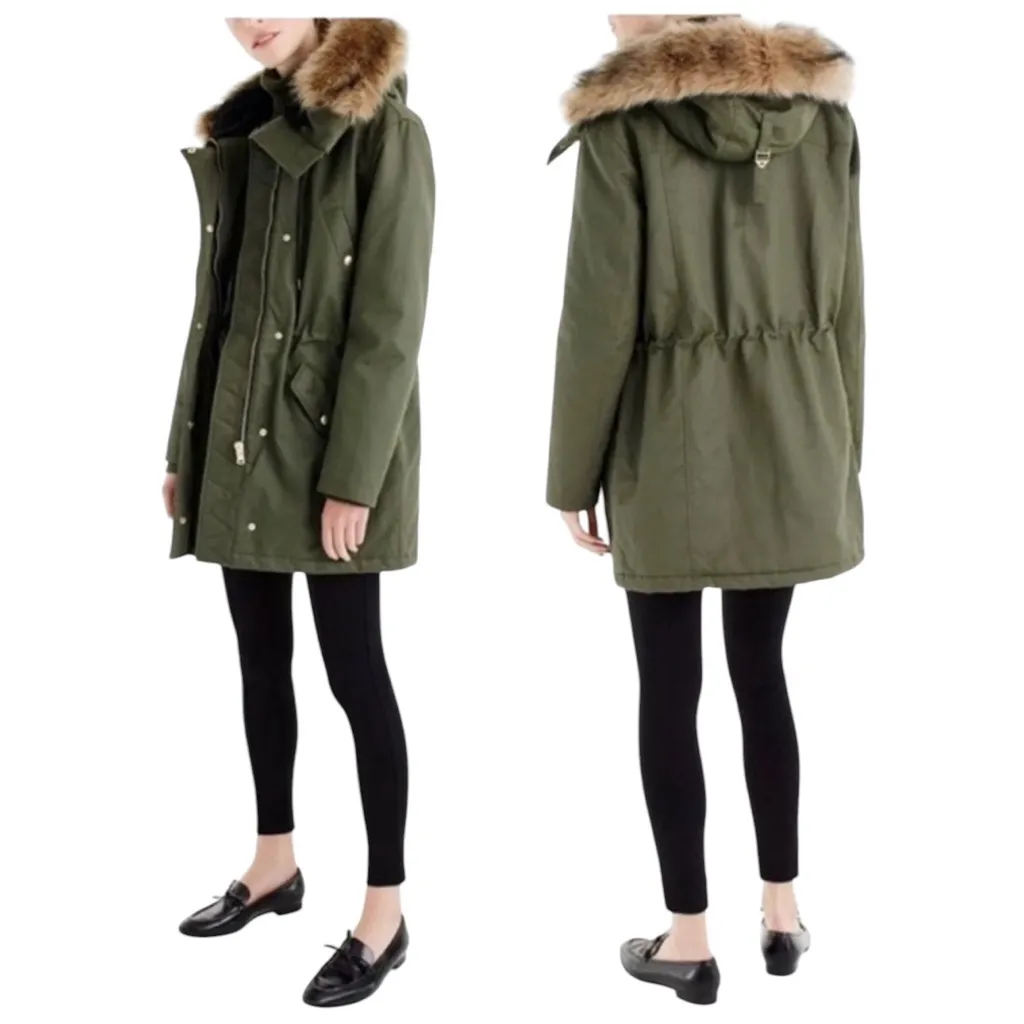 J.Crew Olive Green Utility Parka Petite XS Faux Fur Hood PrimaLoft Jacket EUC - Image 4