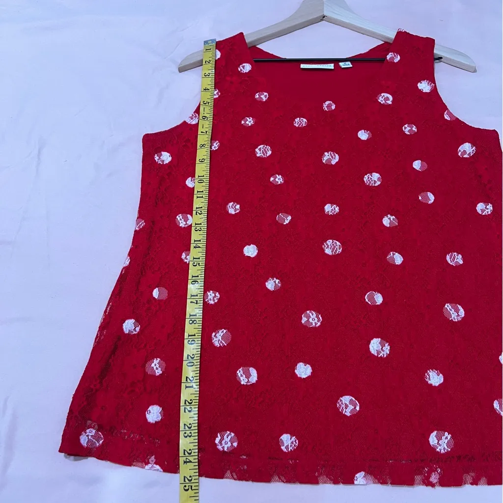 Susan Graver Red Lace White Polka Dot Scoop Neck Tank Sheer Open Cardigan Set - Image 16