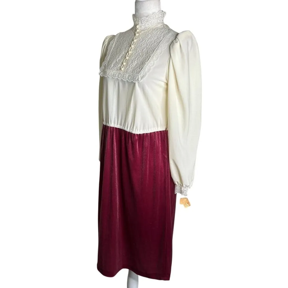 Vintage 70s Jerri Gee Lace Velvet Dress Sz Small Deadstock Small Pearl Button Pink - Image 2