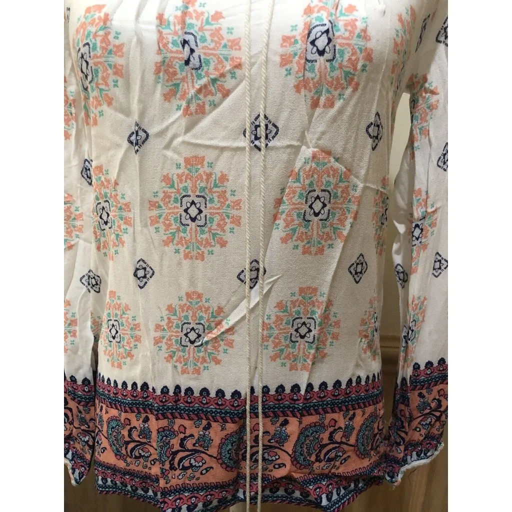 Blu Pepper Boho Blouse Long Sleeve ~ Size Small ~ Cream/Blue/Orange - Image 2
