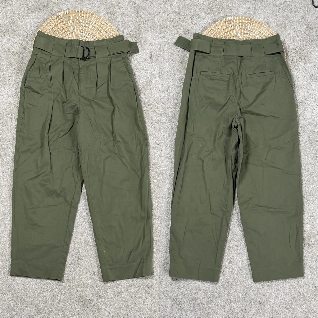 Banana Republic High Rise Tapered Leg Cropped Paperbag Pants Belted in Green 6S - Image 3