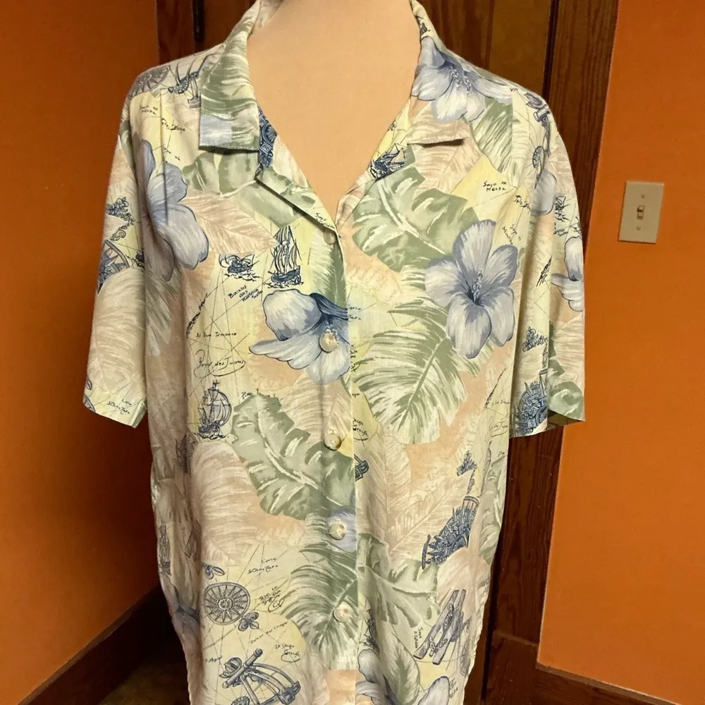 Vintage Nautical Hawaiian Shirt Tropical Floral Map Print Button Front Top Size XL - Image 7