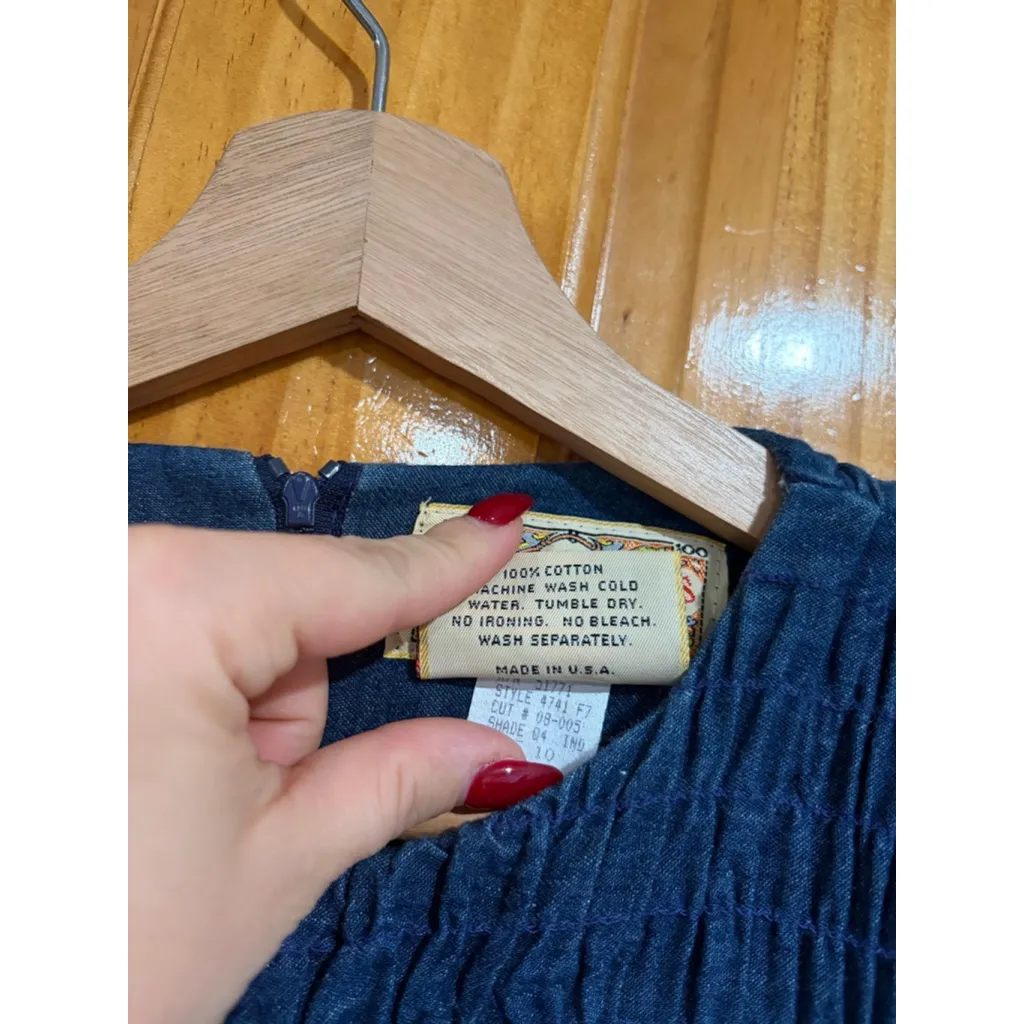 Vintage BIS BIS by Gene Ewing Smocked Denim Prairie Dress USA Made Long Sleeve Blue Size 10 - Image 3