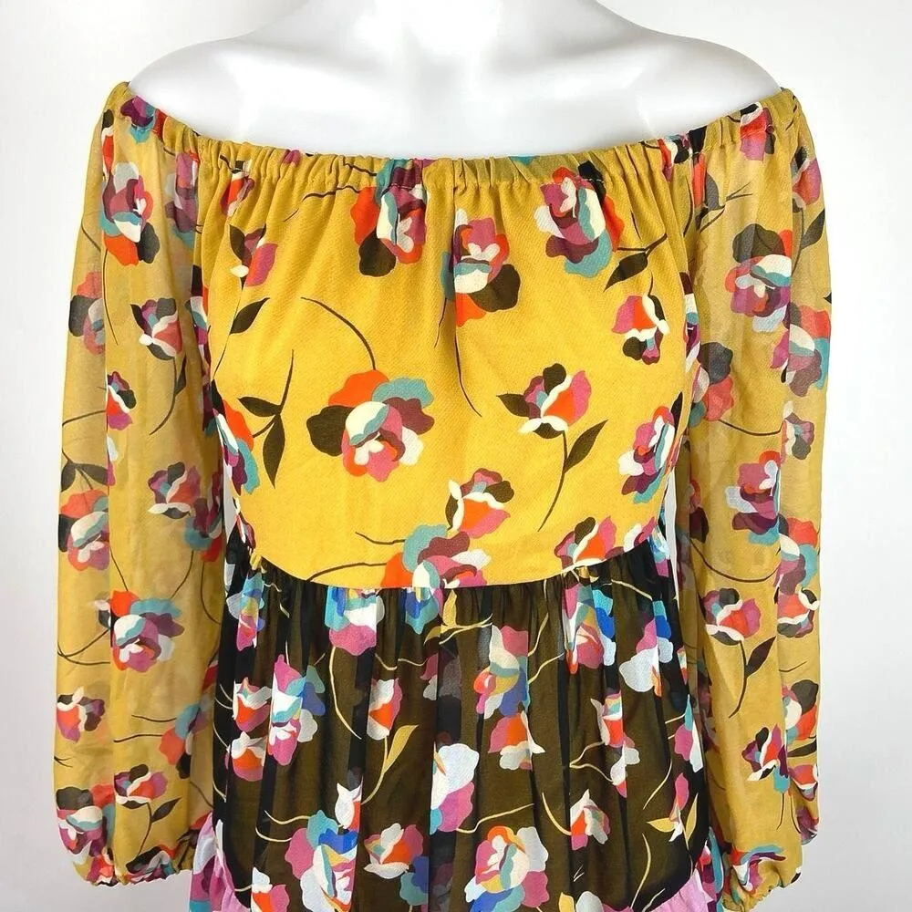 BCBGMAXAZRIA Multicolor Floral Colorblock Off the Shoulder Mini Dress Size M - Image 4