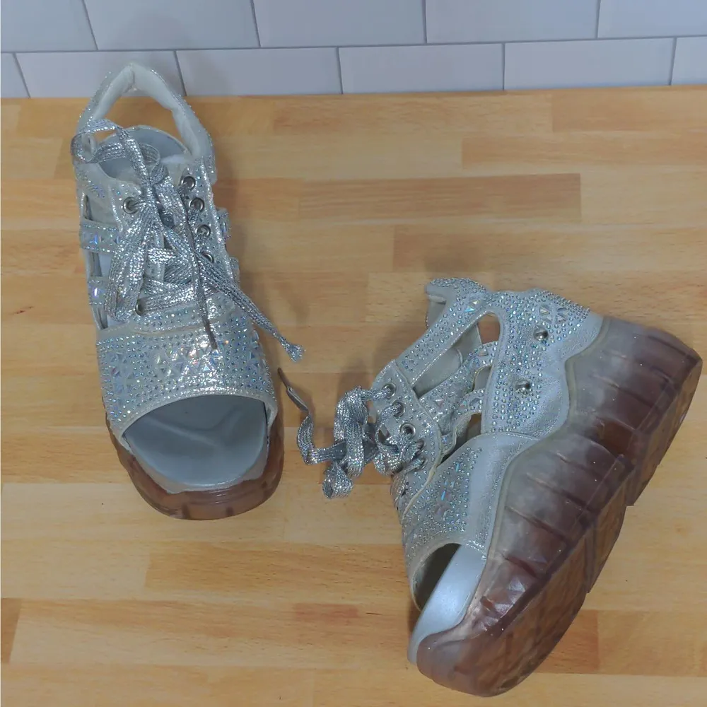 Anthony Wang Platform Sandals Silver Cutout Bedazzled Wedge Y2K 35 (US 4 - Image 14