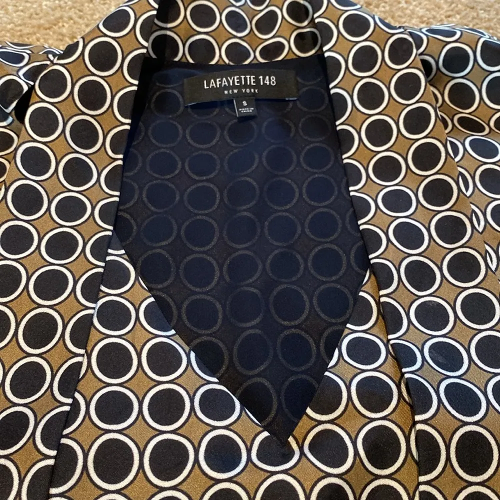 Lafayette 148 New York Silk Geo AOP Collar Scarf S/less Shift Dress Sz SMALL Black - Image 4