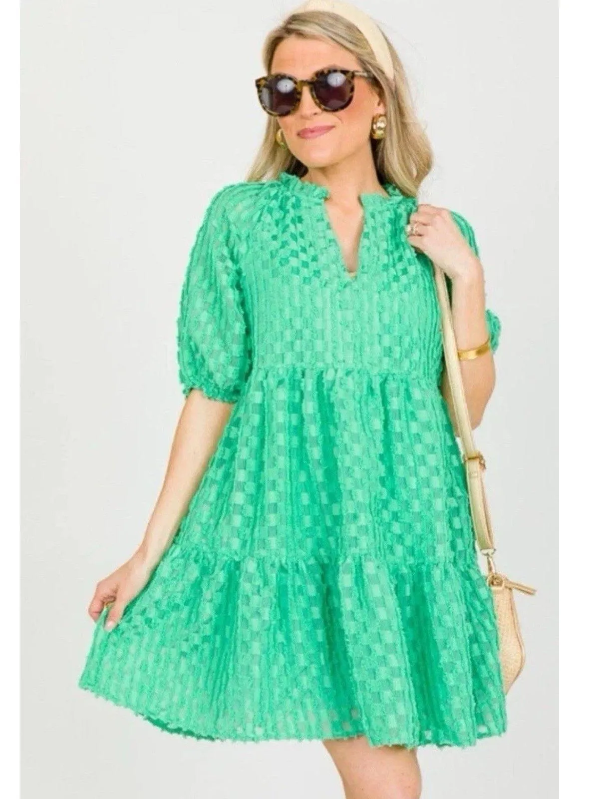 THML Grass Is Greener Puff Sleeve Texture Mini Dress Sz XS Bohemian Cottage Core - Image 2