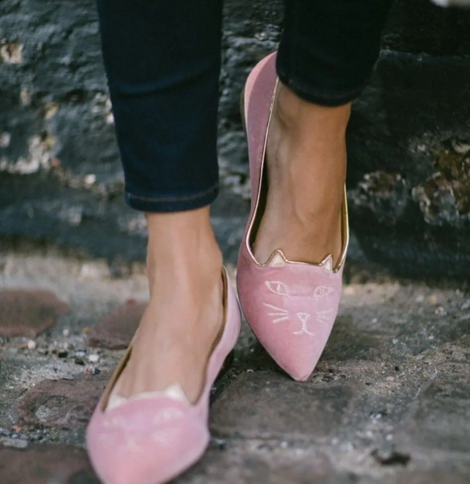 Charlotte Olympia Mid Century Kitty Cat Pink Velvet Pointed Flat EU 36 US 5.5-6 - Image 11