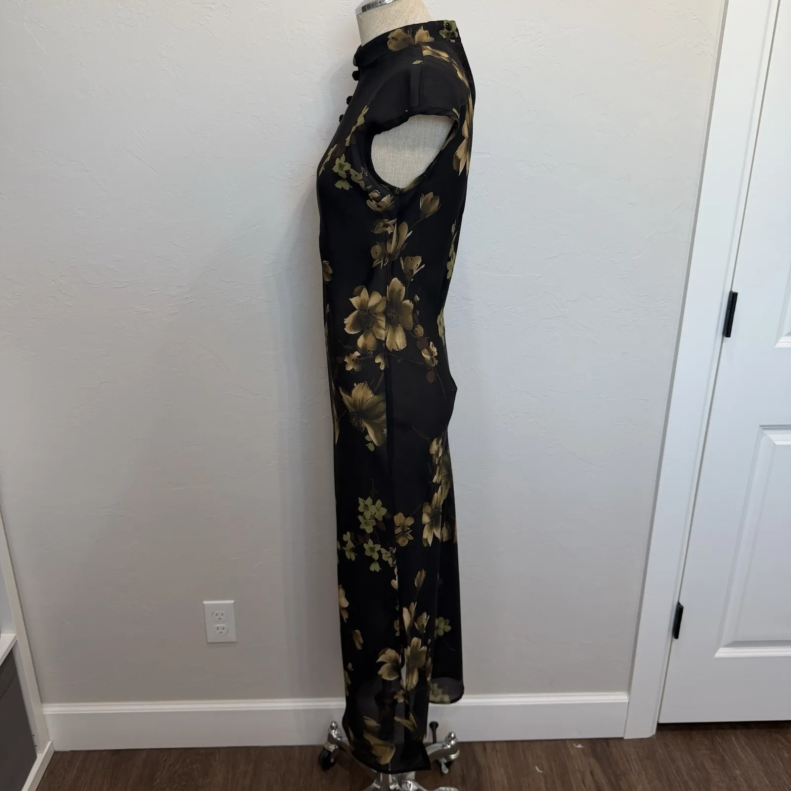 Vtg Sz 6 Qipao Dress Asian Sheer Dark Floral Old Shanghai Style Whimsigoth Sheer - Image 6