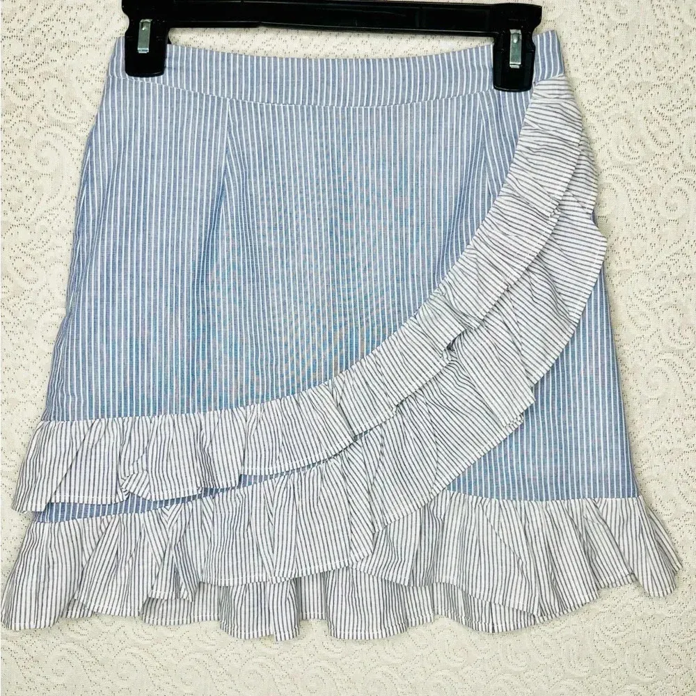 Anthropologie Greylin Women's XS Blue & White Striped Ruffle Mini Skirt Casual - Image 2