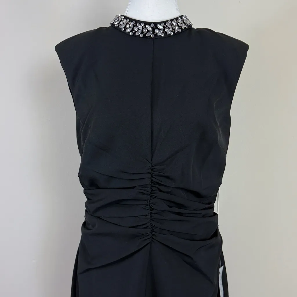 NWT Eliza J Laguna Crepe Beaded Mock Neck Sleeveless Ruched Midi Dress Sz 12Tall - Image 3