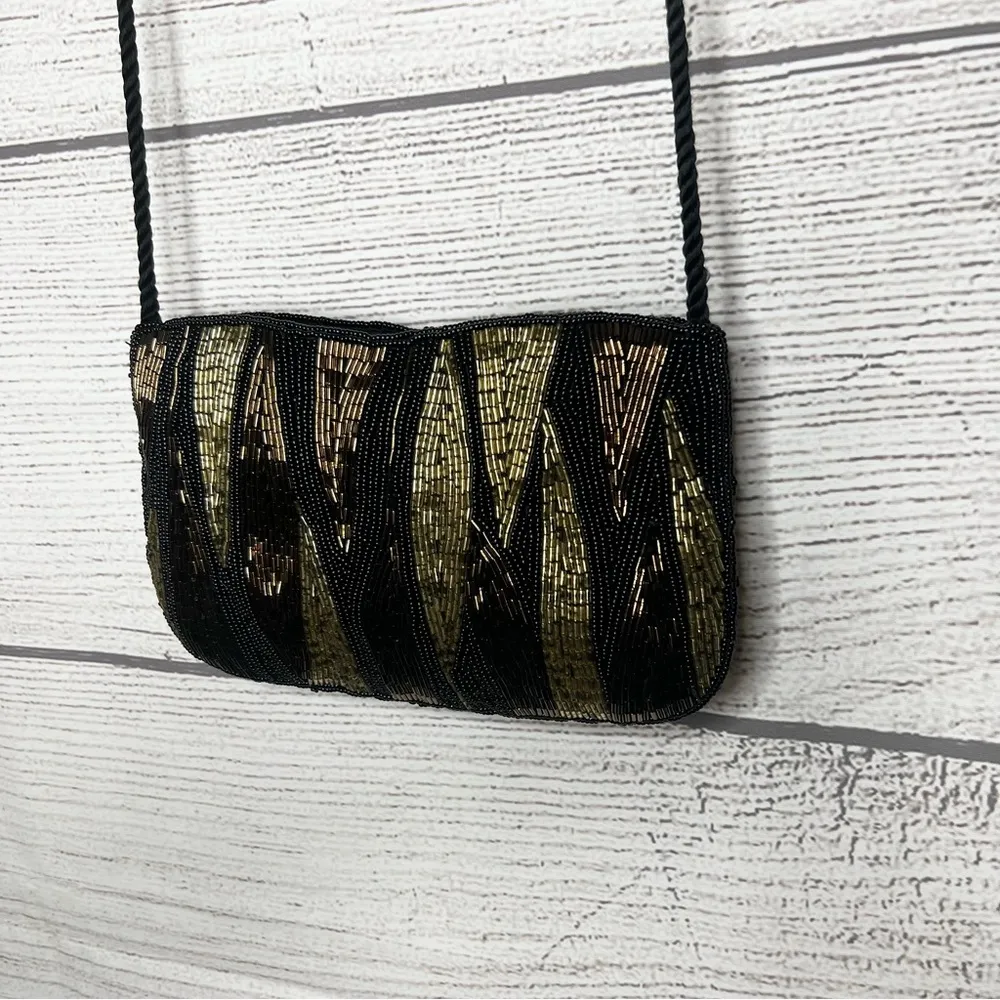 Vintage Delilah Black & Gold Beaded Evening Bag Crossbody Purse Formal Clutch - Image 4