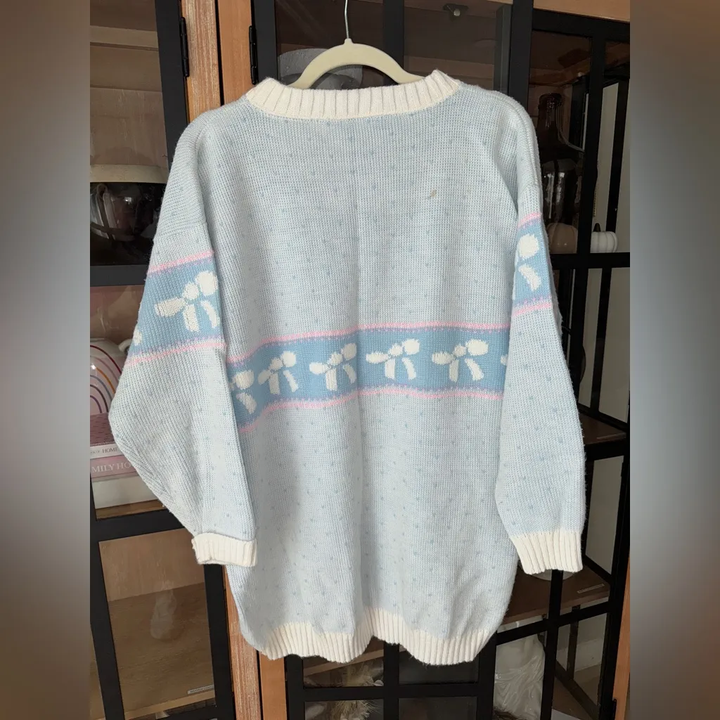 Vintage 80s Pastel Bow Sweater knit crewneck Pullover DELIVERYLtd grandmillenial Blue Size XL - Image 6