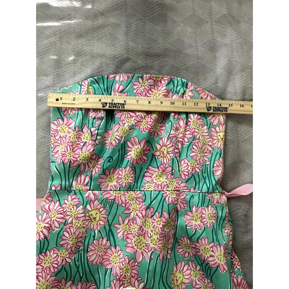 Lilly Pulitzer Green Grass Lion Head & Daisy Strapless Dress Pink Sash Size 6 - Image 10