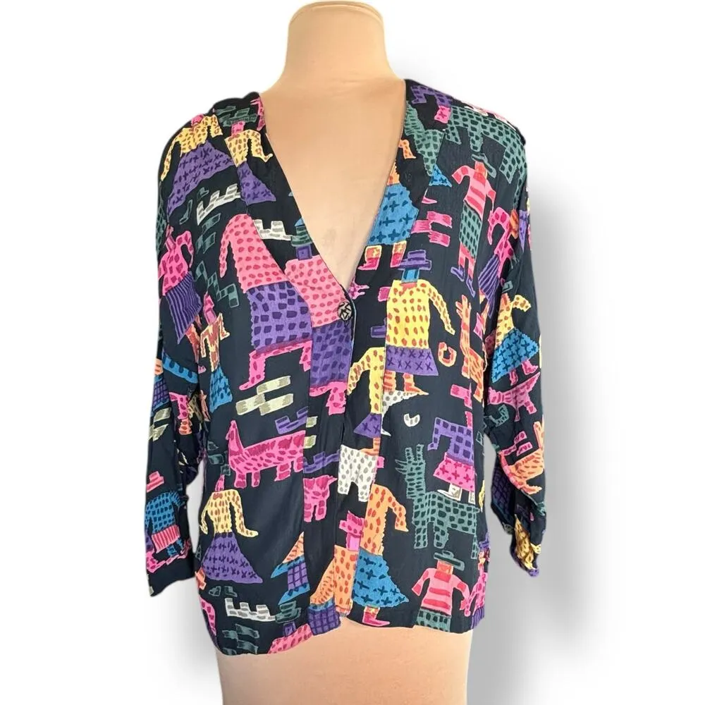 Vintage 90s Rayon Shirt Medium Colorful Yellow Tribal Abstract Animal Print Black - Image 11