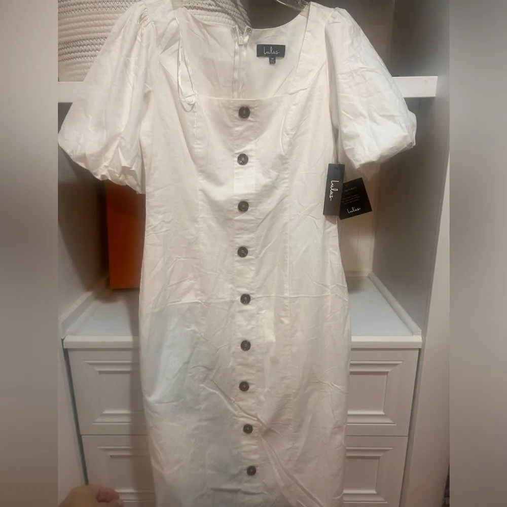 White Cotton Puff Sleeve
Button-Front Midi Dress NWT - Image 6