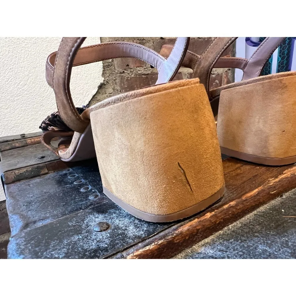 Zara Pom Pom Suede Block Heel  Sling Back Shoes 6 - Image 4